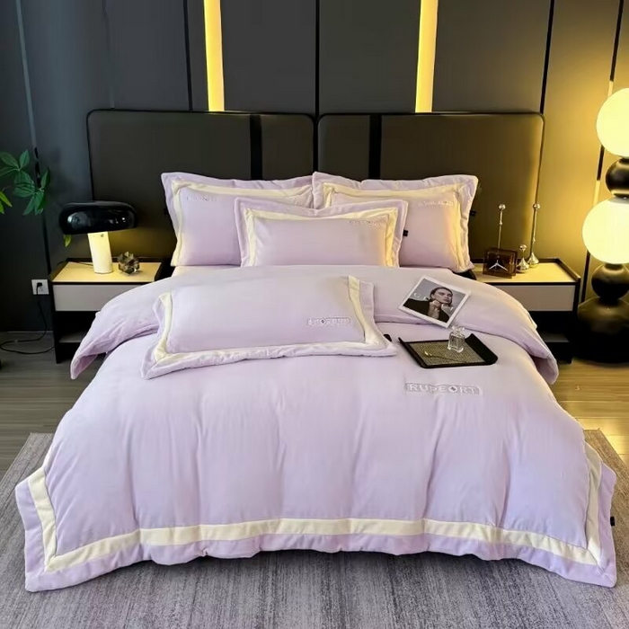 淳绵家居 2025新款高克重超厚云芙绒轻奢拼色工艺款四件套 云芙绒-紫色