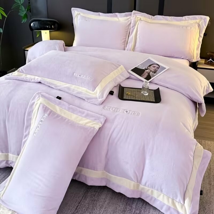 91家纺网 家纺一手货源 找家纺 淳绵家居 2025新款高克重超厚云芙绒轻奢拼色工艺款四件套 云芙绒-紫色