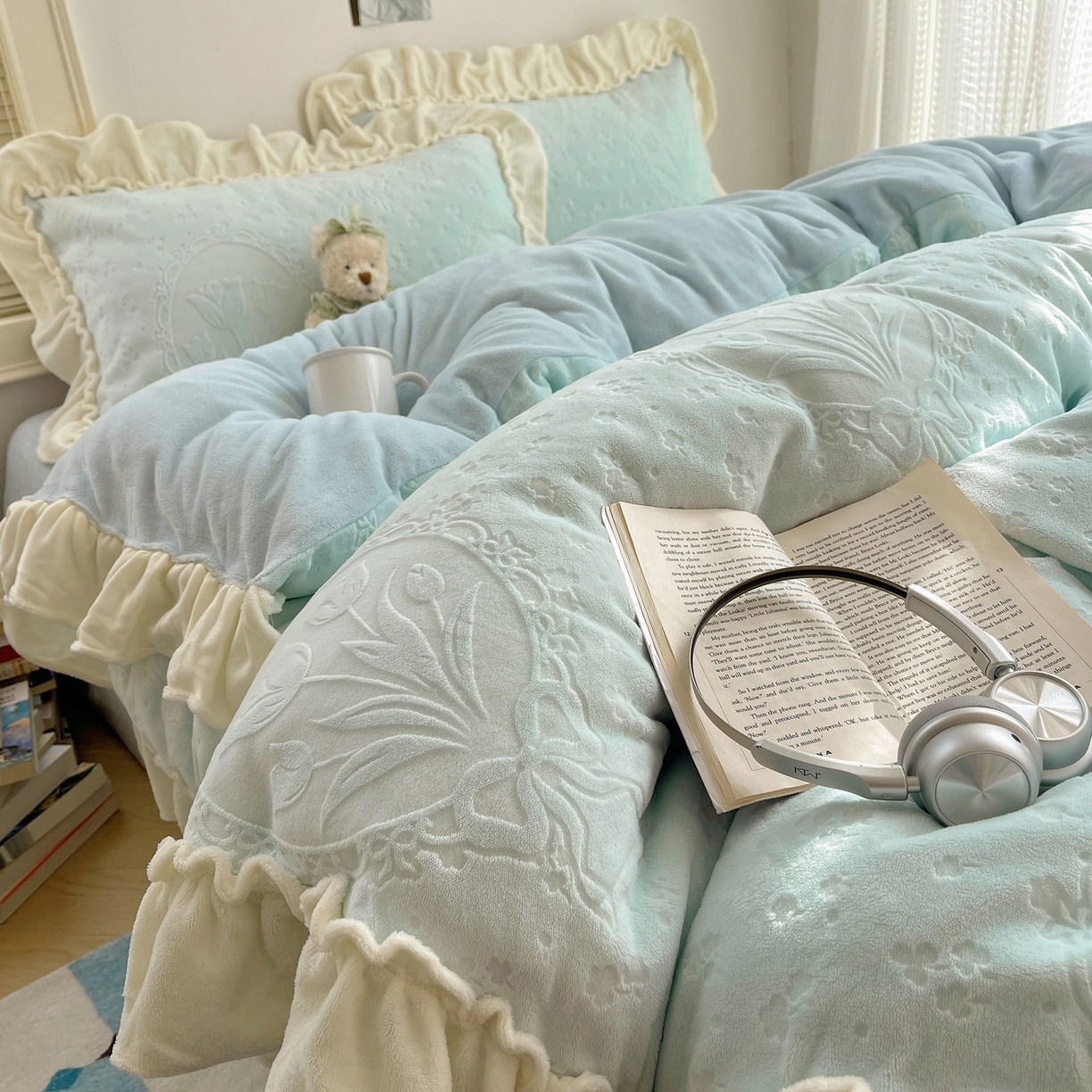 丽涵家纺 2025新款雕花牛奶绒公主风花边四件套郁香漫境 郁香漫境-蓝