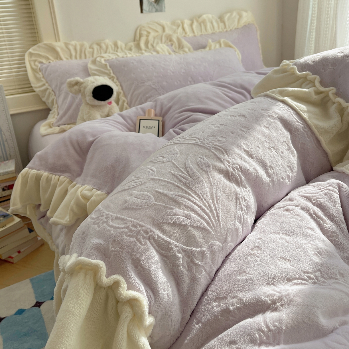 丽涵家纺 2025新款雕花牛奶绒公主风花边四件套郁香漫境 郁香漫境-紫