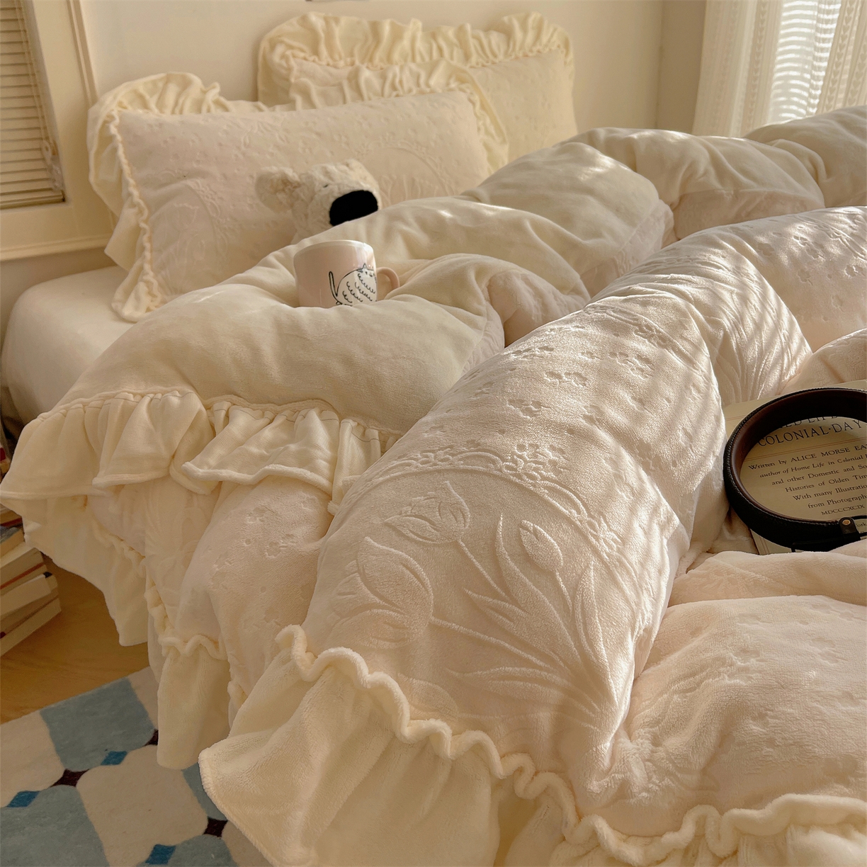 丽涵家纺 2025新款雕花牛奶绒公主风花边四件套郁香漫境 郁香漫境-白