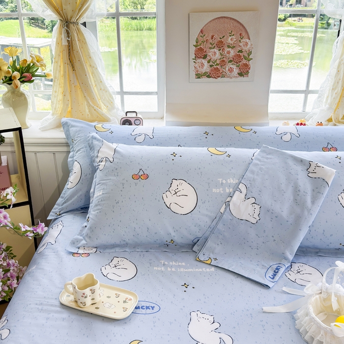 91家纺网 家纺一手货源 找家纺 姝辰 2025新款全棉纯棉印花双人长枕套纯棉加长单枕套 月亮猫