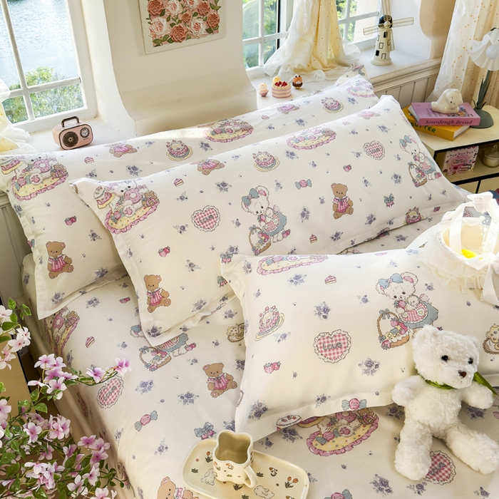 91家纺网 家纺一手货源 找家纺 姝辰 2025新款全棉纯棉印花双人长枕套纯棉加长单枕套 蛋糕小熊