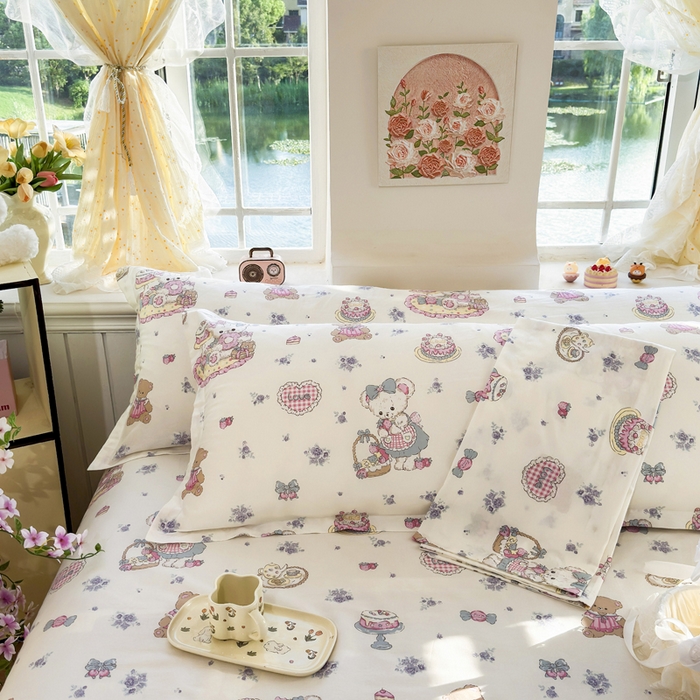 91家纺网 家纺一手货源 找家纺 姝辰 2025新款全棉纯棉印花双人长枕套纯棉加长单枕套 蛋糕小熊