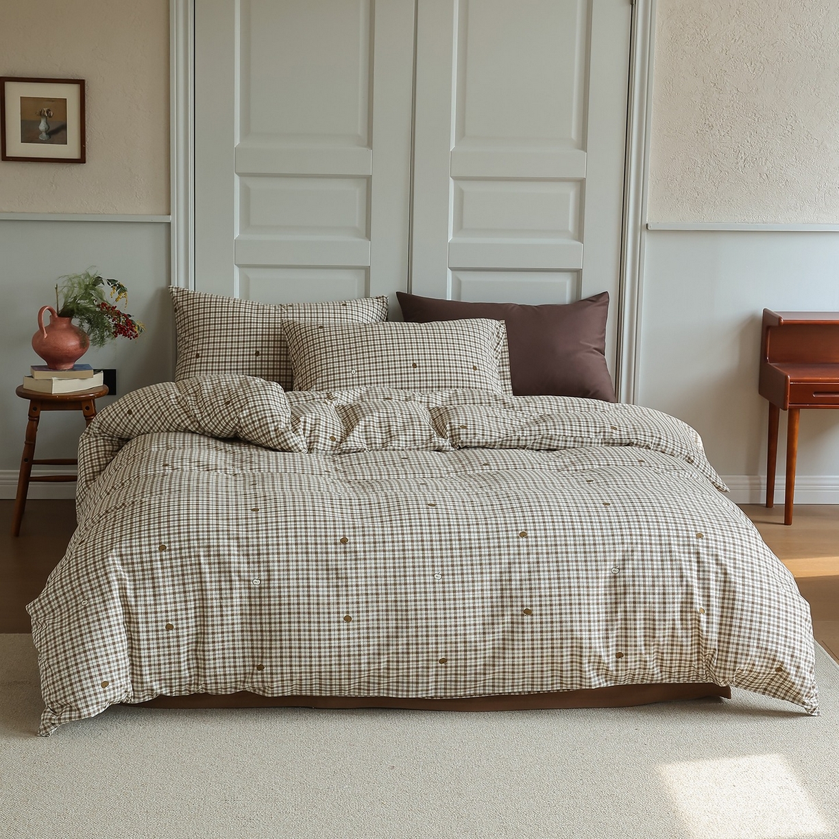 91家纺网 家纺一手货源 找家纺 爱丽丝 2025新款亲肤舒适针织棉四件套系列 条纹苹果咖