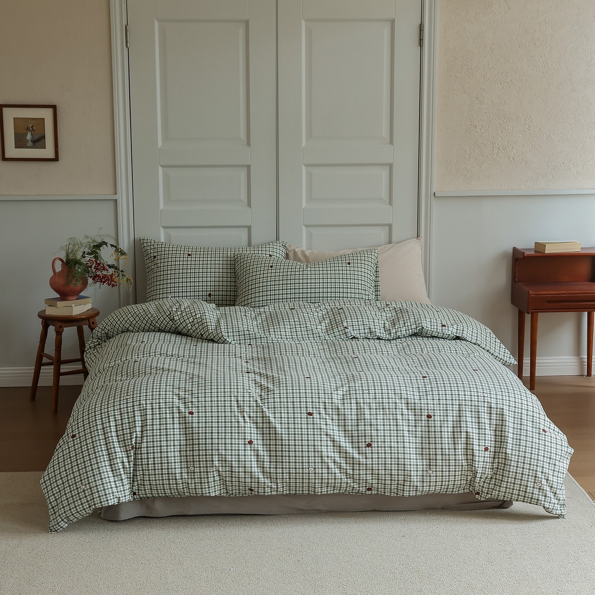 91家纺网 家纺一手货源 找家纺 爱丽丝 2025新款亲肤舒适针织棉四件套系列 条纹苹果绿