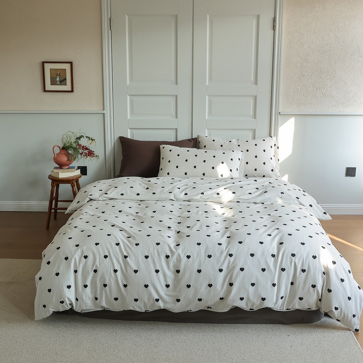 爱丽丝 2025新款亲肤舒适针织棉四件套系列 条纹爱心黑色