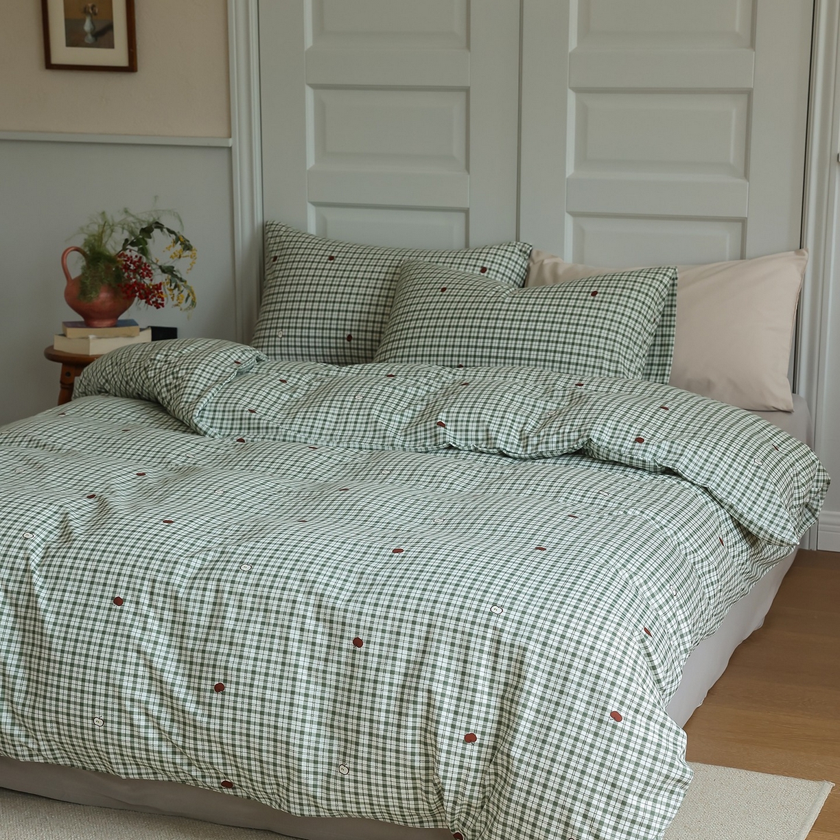 91家纺网 家纺一手货源 找家纺 爱丽丝 2025新款亲肤舒适针织棉四件套系列 条纹苹果绿