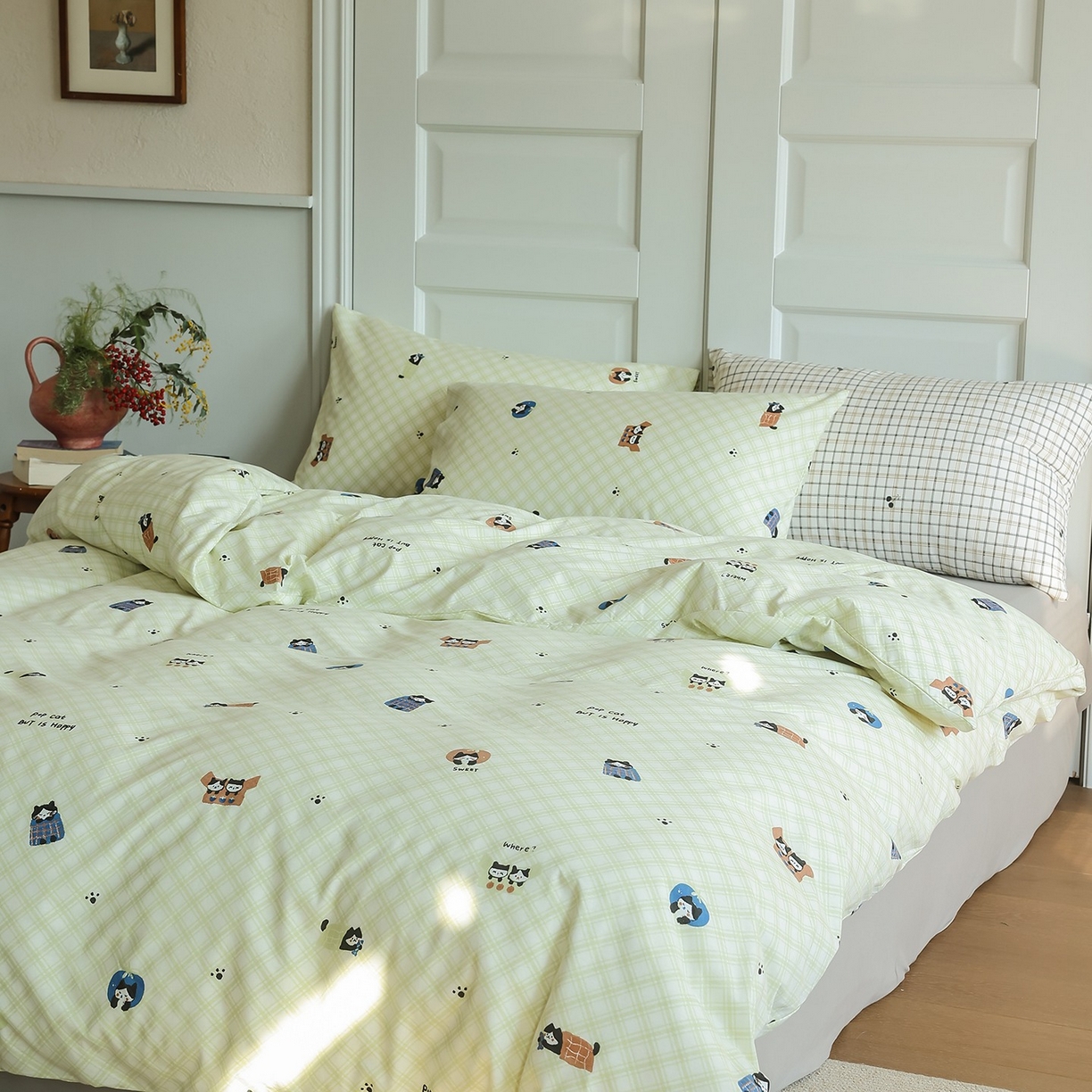 91家纺网 家纺一手货源 找家纺 爱丽丝 2025新款亲肤舒适针织棉四件套系列 晚安猫