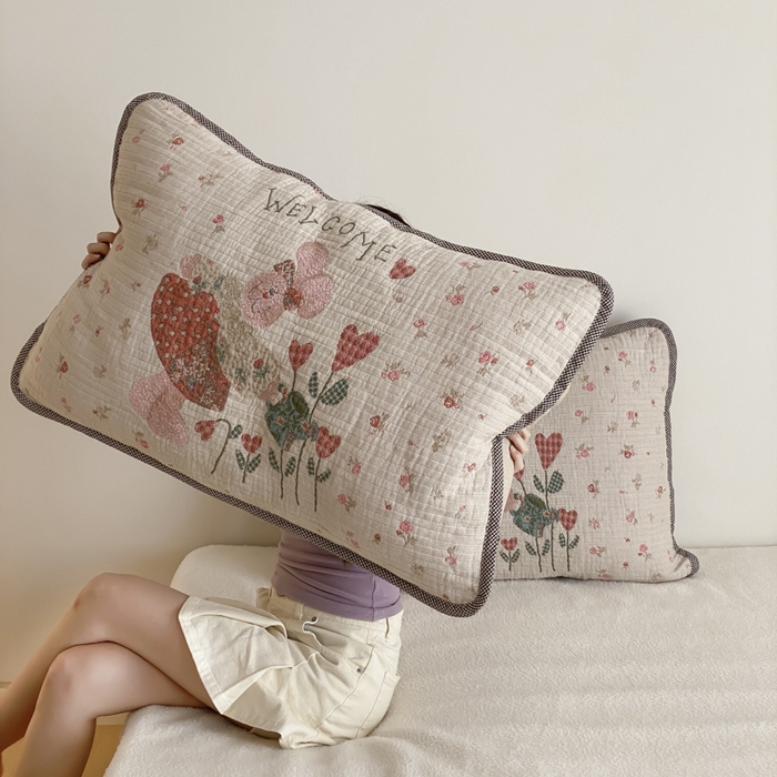 91家纺网 家纺一手货源 找家纺 麻依 2025新款软萌四层全棉纱布枕套 哈尼小兔