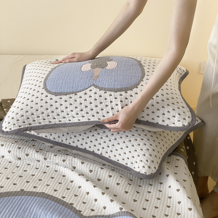 91家纺网 家纺一手货源 找家纺 麻依 2025新款软萌四层全棉纱布枕套 心心小象