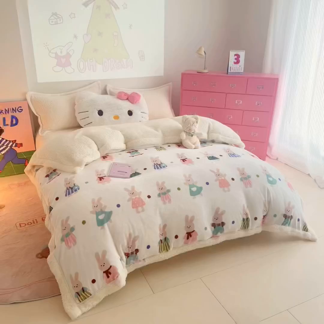 91家纺网 家纺一手货源 找家纺 艾特你 2025新款多功能羊羔绒牛奶绒单毛毯单被套 羊-花间兔