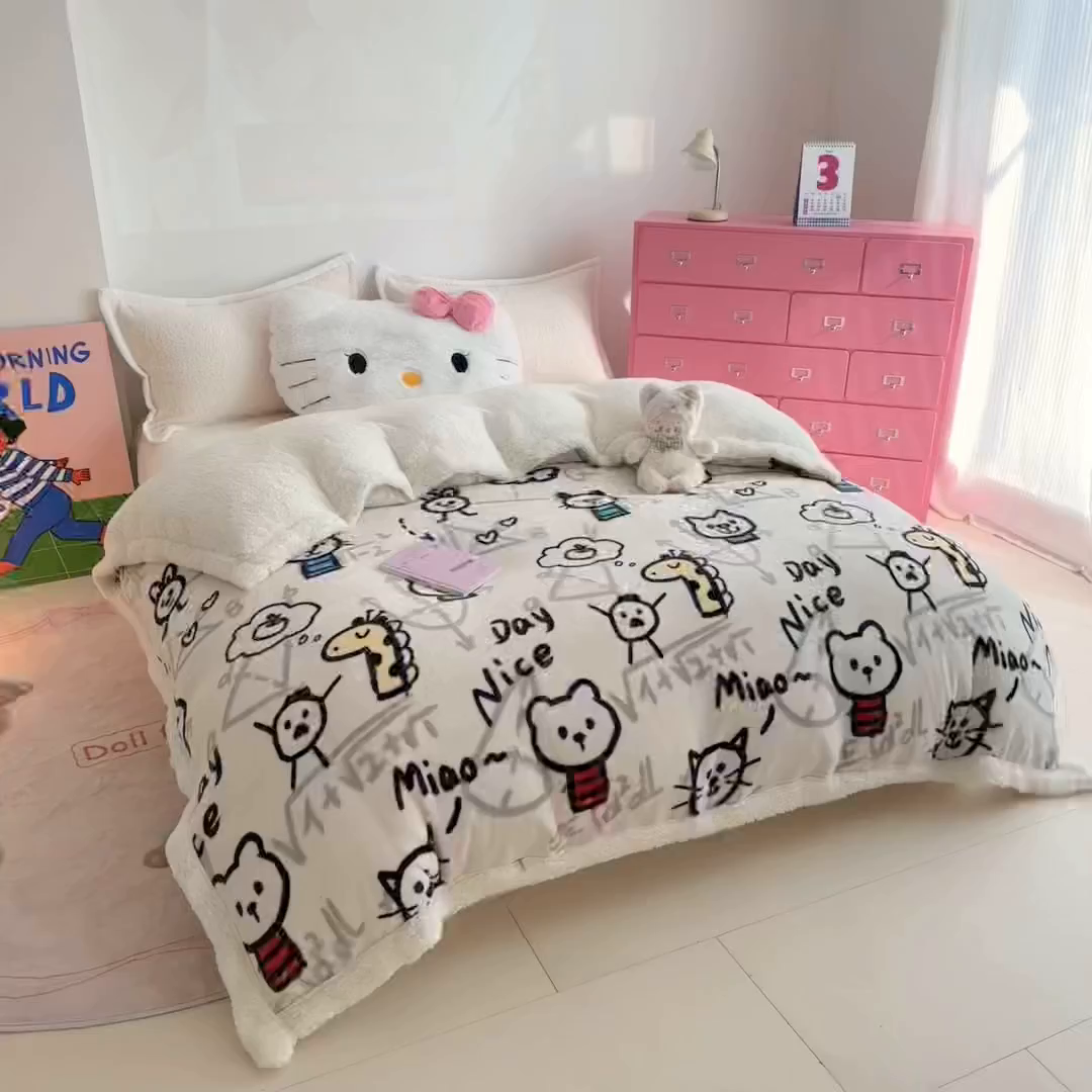 91家纺网 家纺一手货源 找家纺 艾特你 2025新款多功能羊羔绒牛奶绒单毛毯单被套 羊-几何世界