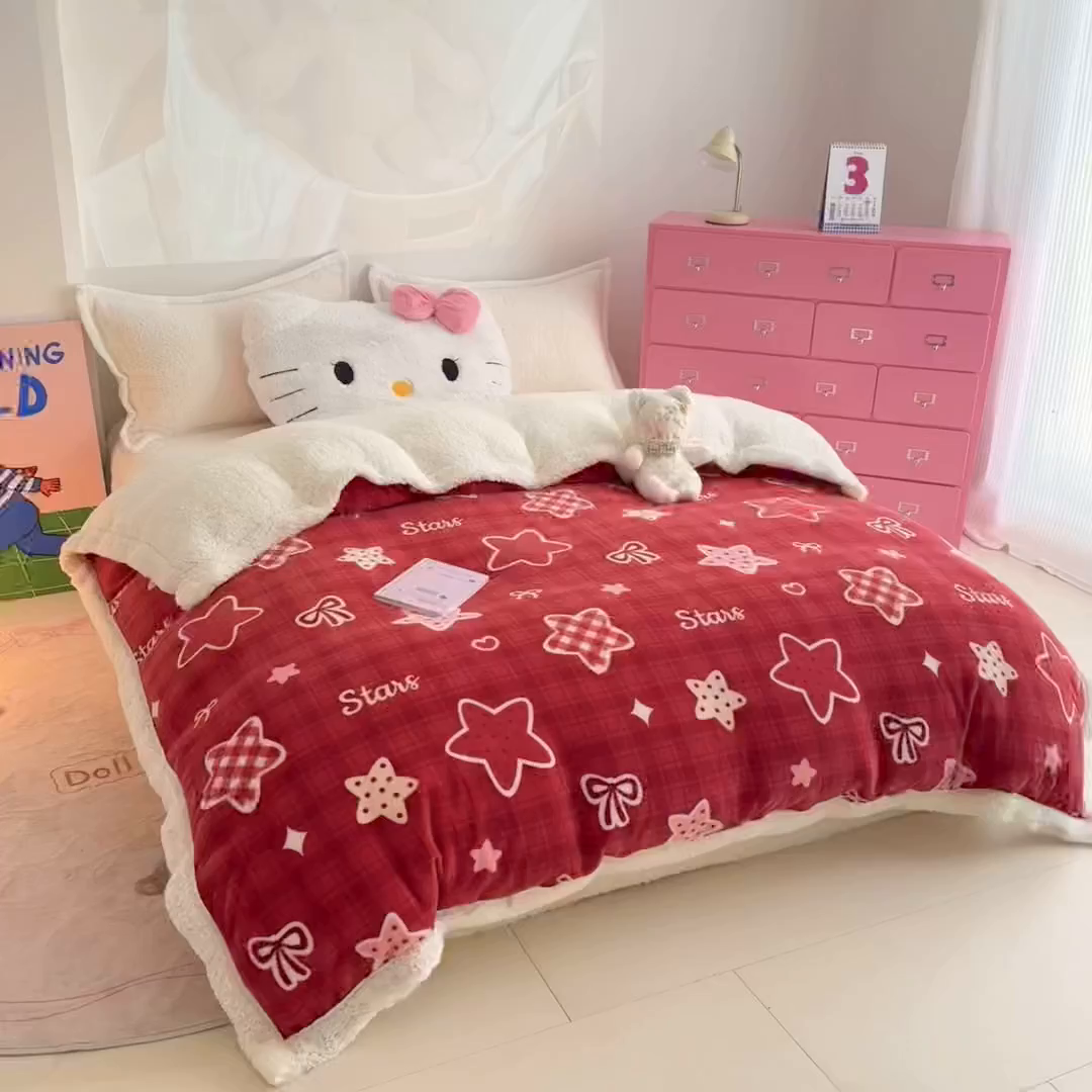 91家纺网 家纺一手货源 找家纺 艾特你 2025新款多功能羊羔绒牛奶绒单毛毯单被套 羊-圣诞星星