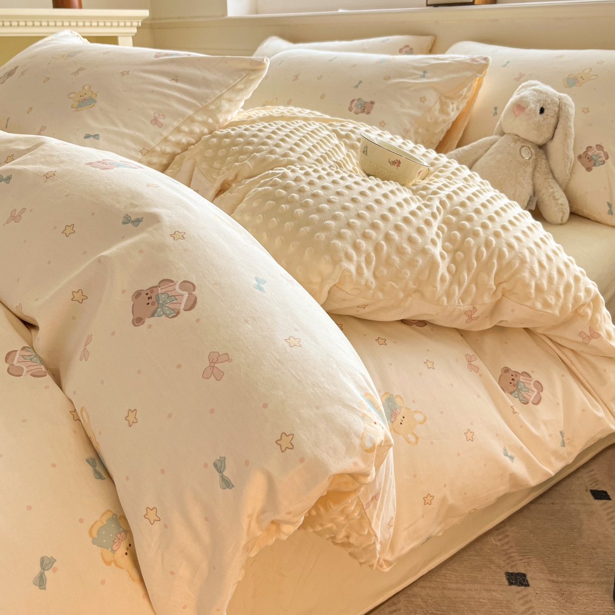 91家纺网 家纺一手货源 找家纺 （总）麦伦家居 2025秋冬新品多功能床品全棉+豆豆绒四件套卡通小清新系列