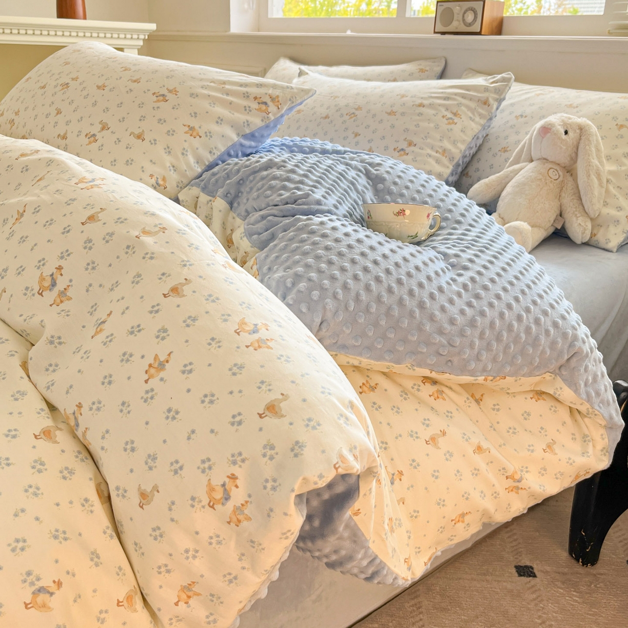 麦伦家居 2025秋冬新品多功能床品全棉+豆豆绒四件套卡通小清新系列 好友鸭