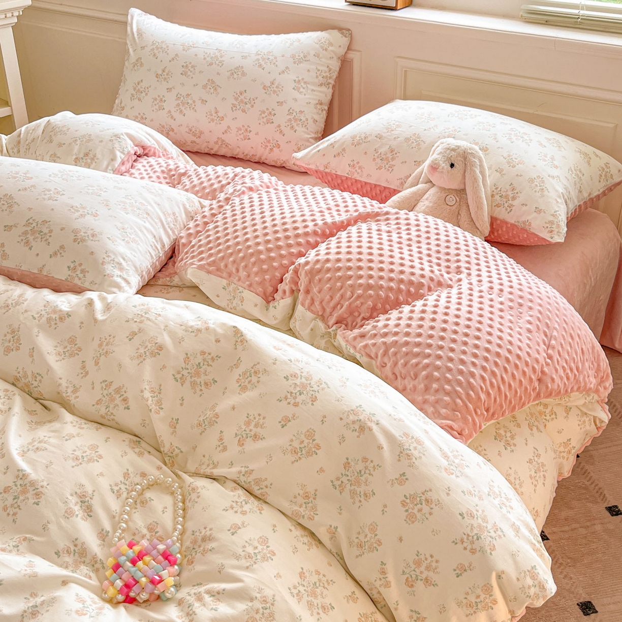 91家纺网 家纺一手货源 找家纺 麦伦家居 2025秋冬新品多功能床品全棉+豆豆绒四件套卡通小清新系列 浣花