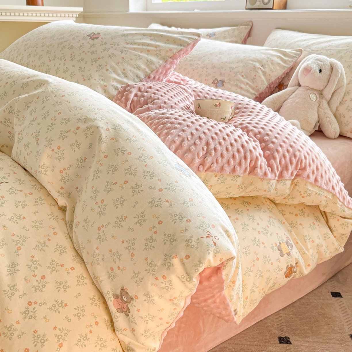 麦伦家居 2025秋冬新品多功能床品全棉+豆豆绒四件套卡通小清新系列 清茶小熊