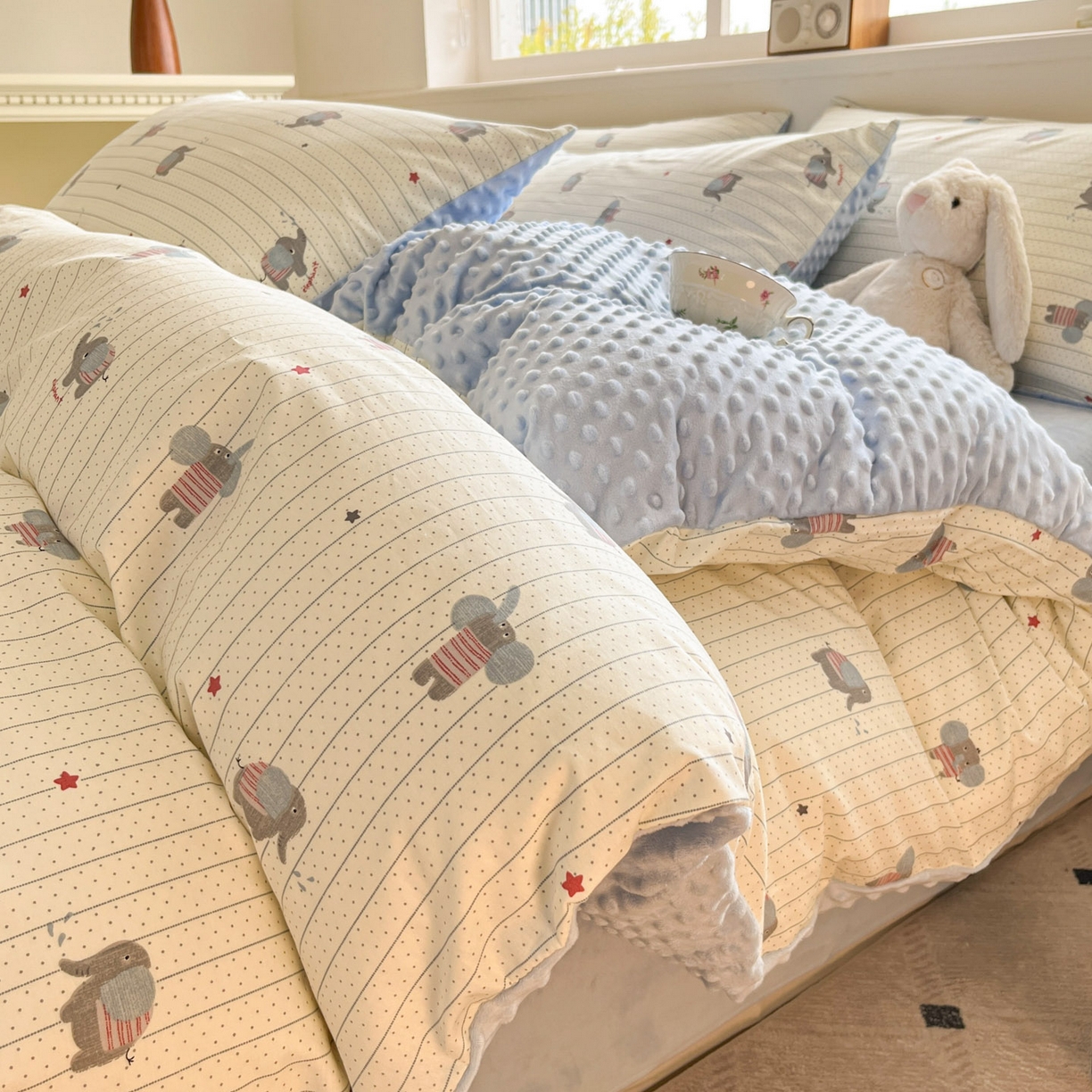 麦伦家居 2025秋冬新品多功能床品全棉+豆豆绒四件套卡通小清新系列 星星小象蓝