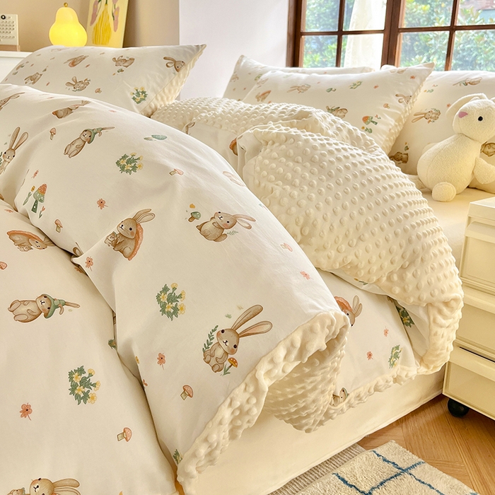 麦伦家居 2025秋冬新品多功能床品全棉+豆豆绒四件套卡通小清新系列 可爱小兔-米黄
