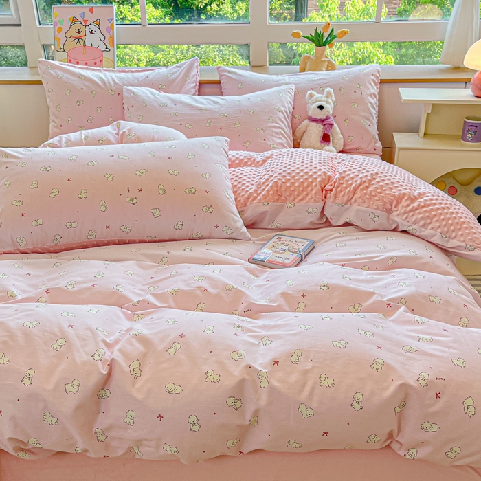 91家纺网 家纺一手货源 找家纺 麦伦家居 2025秋冬新品多功能床品全棉+豆豆绒四件套卡通小清新系列 拾趣爱宠