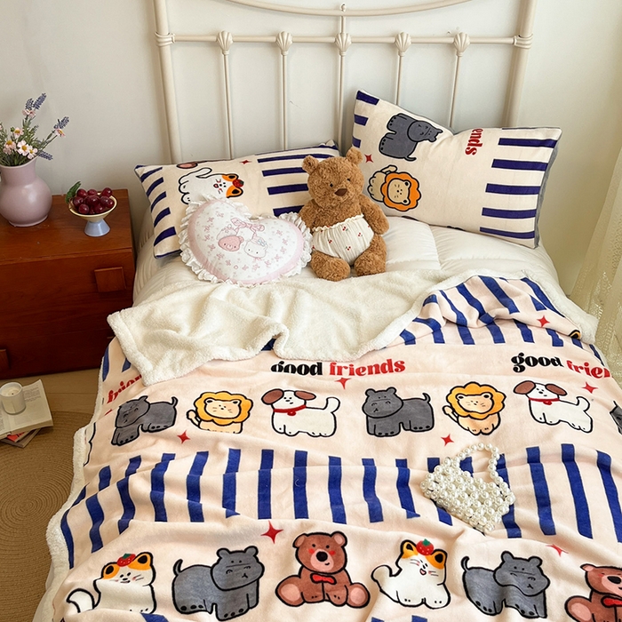 91家纺网 家纺一手货源 找家纺 红嘴企鹅 2025新款A类ins风卡通可爱加厚牛奶绒羊羔绒毛毯毯子办公室沙发儿童空调盖毯午休毯 动物乐园