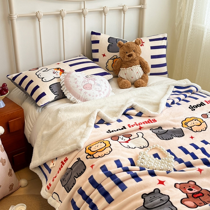 91家纺网 家纺一手货源 找家纺 红嘴企鹅 2025新款A类ins风卡通可爱加厚牛奶绒羊羔绒毛毯毯子办公室沙发儿童空调盖毯午休毯 动物乐园