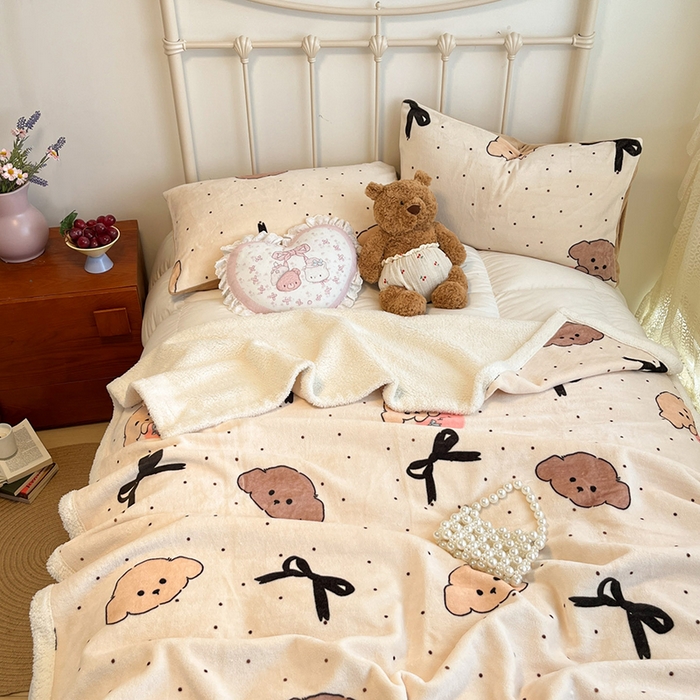 91家纺网 家纺一手货源 找家纺 红嘴企鹅 2025新款A类ins风卡通可爱加厚牛奶绒羊羔绒毛毯毯子办公室沙发儿童空调盖毯午休毯 蝴蝶结狗狗