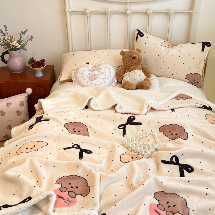 91家纺网 家纺一手货源 找家纺 红嘴企鹅 2025新款A类ins风卡通可爱加厚牛奶绒羊羔绒毛毯毯子办公室沙发儿童空调盖毯午休毯 蝴蝶结狗狗