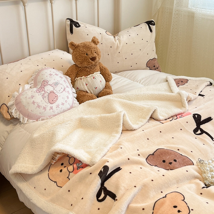 91家纺网 家纺一手货源 找家纺 红嘴企鹅 2025新款A类ins风卡通可爱加厚牛奶绒羊羔绒毛毯毯子办公室沙发儿童空调盖毯午休毯 蝴蝶结狗狗