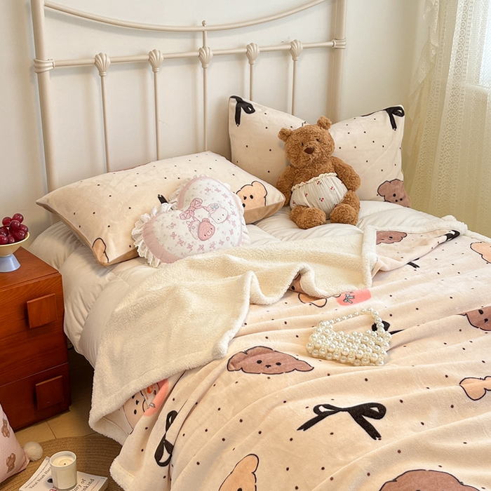 91家纺网 家纺一手货源 找家纺 红嘴企鹅 2025新款A类ins风卡通可爱加厚牛奶绒羊羔绒毛毯毯子办公室沙发儿童空调盖毯午休毯 蝴蝶结狗狗