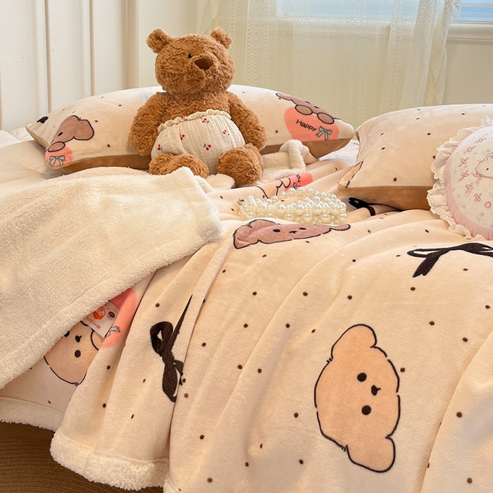 91家纺网 家纺一手货源 找家纺 红嘴企鹅 2025新款A类ins风卡通可爱加厚牛奶绒羊羔绒毛毯毯子办公室沙发儿童空调盖毯午休毯 蝴蝶结狗狗