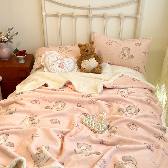 91家纺网 家纺一手货源 找家纺 红嘴企鹅 2025新款A类ins风卡通可爱加厚牛奶绒羊羔绒毛毯毯子办公室沙发儿童空调盖毯午休毯 羞羞猫