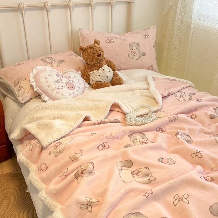 91家纺网 家纺一手货源 找家纺 红嘴企鹅 2025新款A类ins风卡通可爱加厚牛奶绒羊羔绒毛毯毯子办公室沙发儿童空调盖毯午休毯 羞羞猫