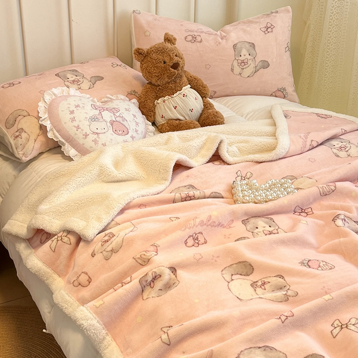 91家纺网 家纺一手货源 找家纺 红嘴企鹅 2025新款A类ins风卡通可爱加厚牛奶绒羊羔绒毛毯毯子办公室沙发儿童空调盖毯午休毯 羞羞猫