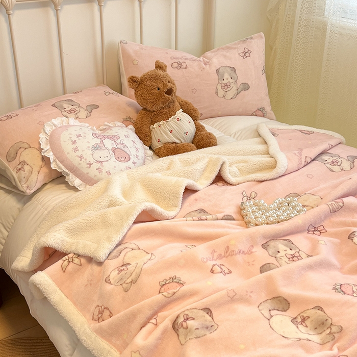 91家纺网 家纺一手货源 找家纺 红嘴企鹅 2025新款A类ins风卡通可爱加厚牛奶绒羊羔绒毛毯毯子办公室沙发儿童空调盖毯午休毯 羞羞猫