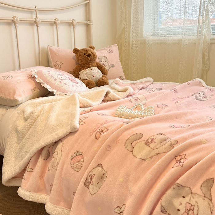 91家纺网 家纺一手货源 找家纺 红嘴企鹅 2025新款A类ins风卡通可爱加厚牛奶绒羊羔绒毛毯毯子办公室沙发儿童空调盖毯午休毯 羞羞猫