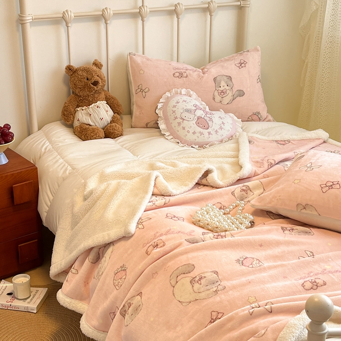 91家纺网 家纺一手货源 找家纺 红嘴企鹅 2025新款A类ins风卡通可爱加厚牛奶绒羊羔绒毛毯毯子办公室沙发儿童空调盖毯午休毯 羞羞猫