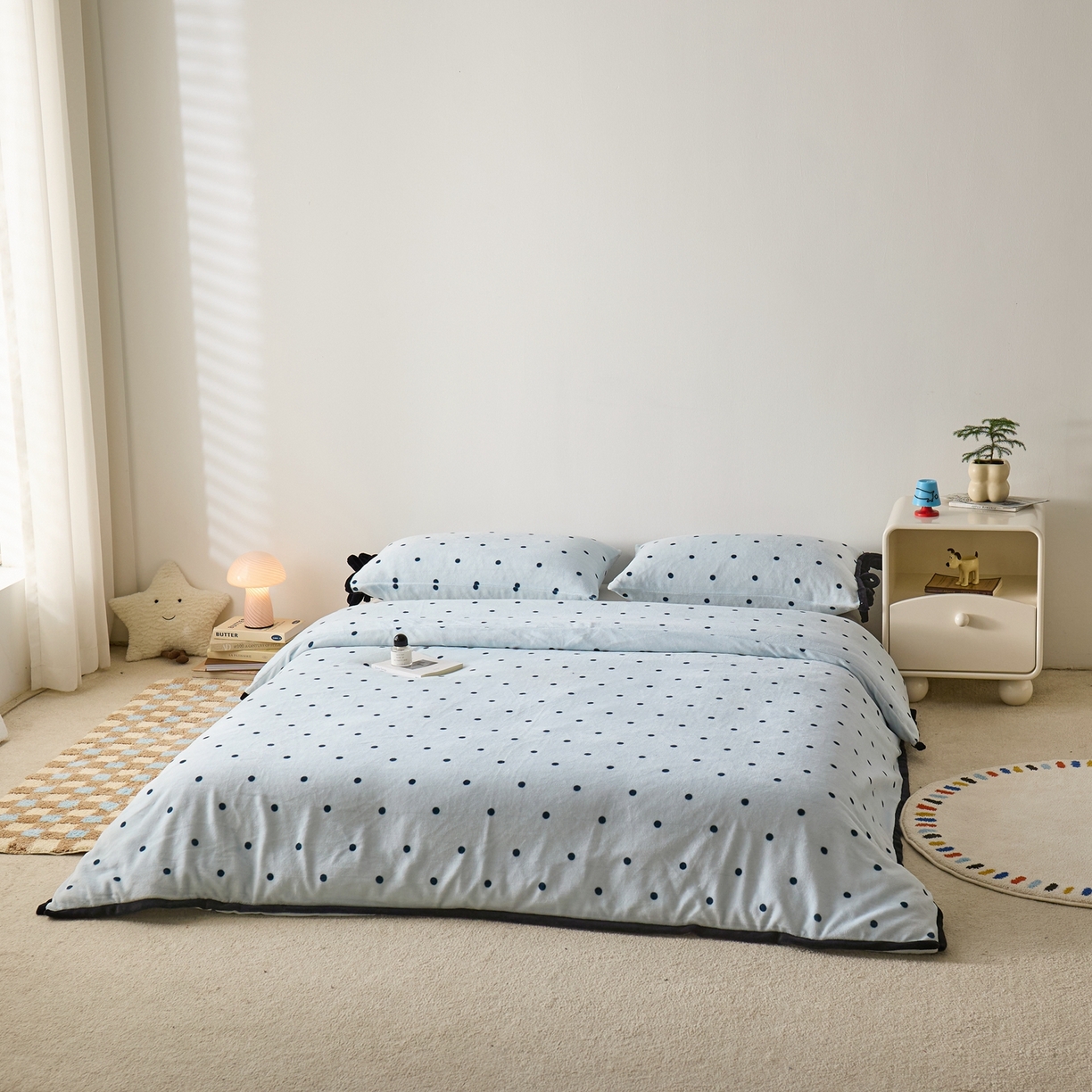 91家纺网 家纺一手货源 找家纺 禧禾 2025新款250G消光速暖绒印花断角拼色四件套-波尔卡（控价：到手价不能低于258） 波尔卡-云水蓝