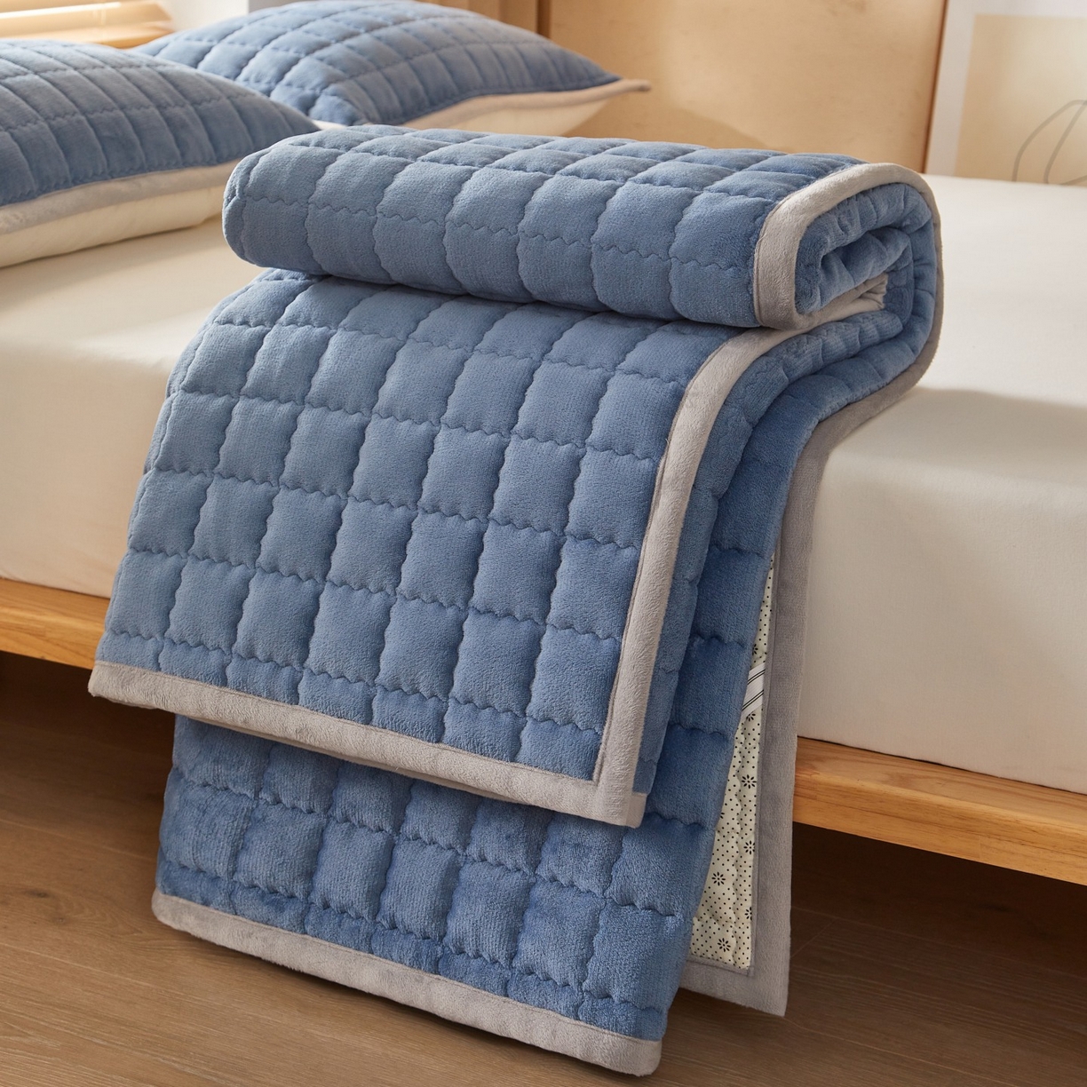 91家纺网 家纺一手货源 找家纺 芊梵床垫 2025新款牛奶绒褥子系列-无烫画版 宾利蓝