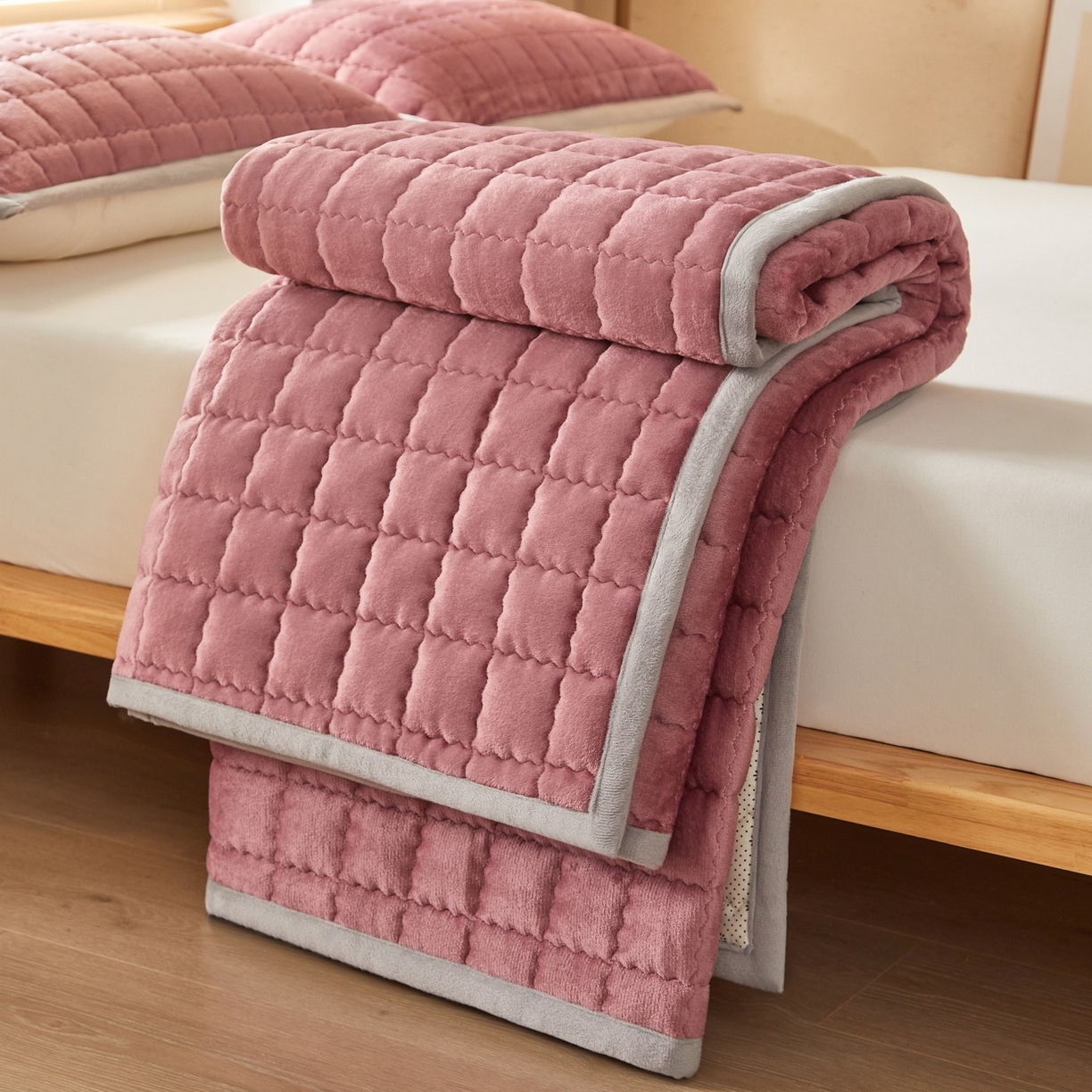 91家纺网 家纺一手货源 找家纺 芊梵床垫 2025新款牛奶绒褥子系列-无烫画版 豆沙粉