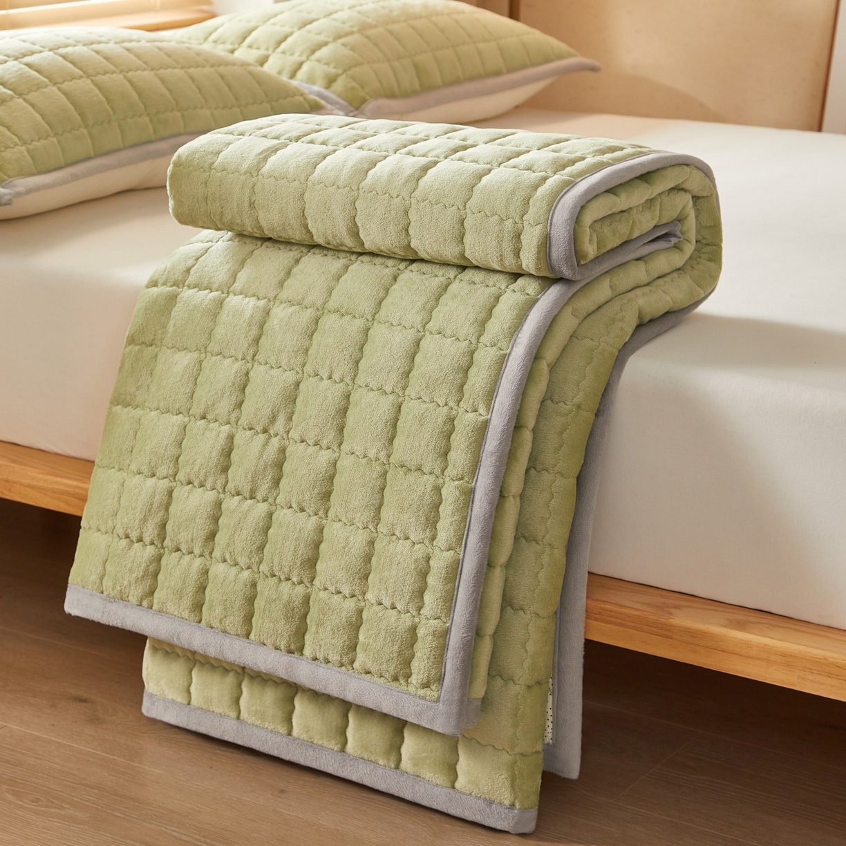 91家纺网 家纺一手货源 找家纺 芊梵床垫 2025新款牛奶绒褥子系列-无烫画版 抹茶绿