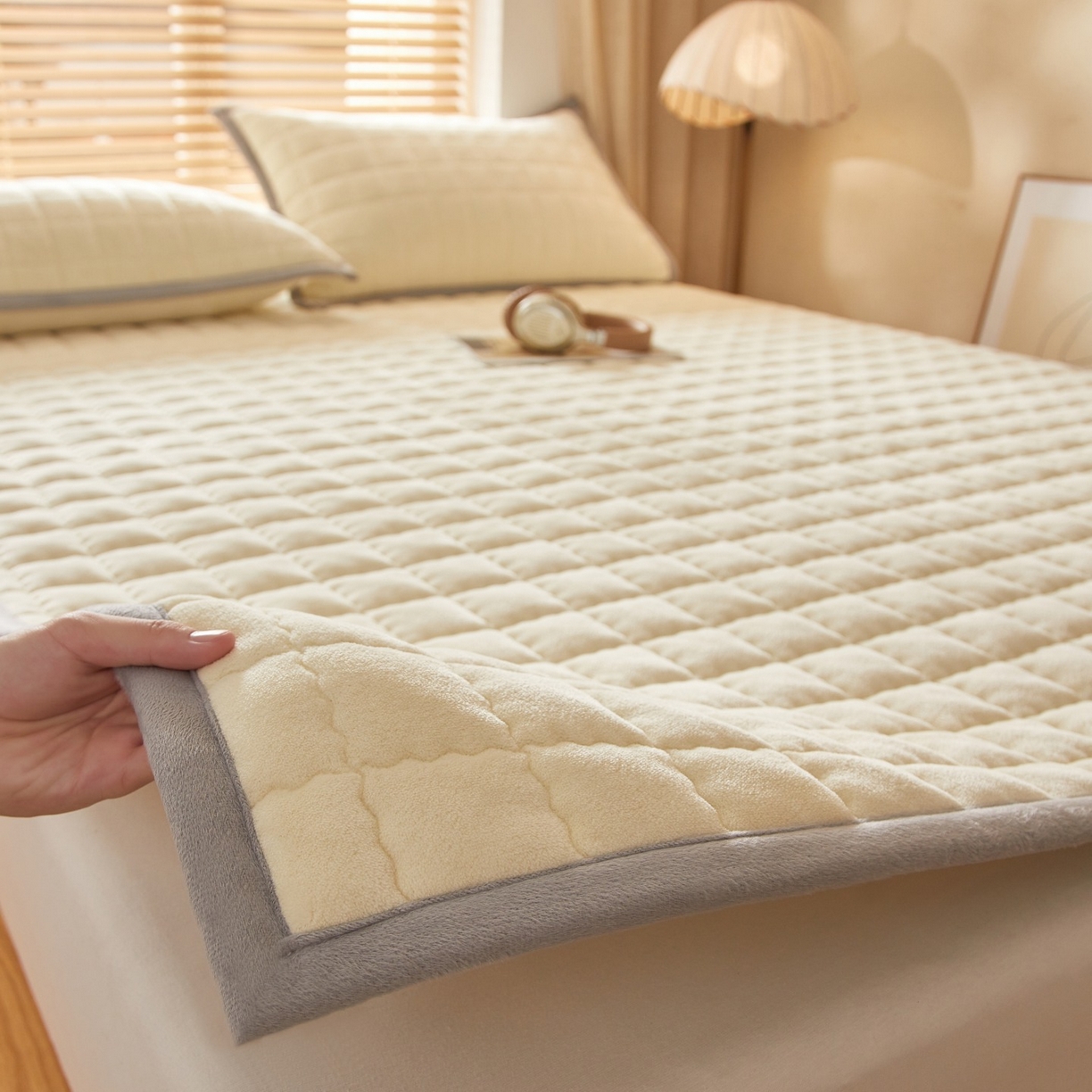 91家纺网 家纺一手货源 找家纺 芊梵床垫 2025新款牛奶绒褥子系列-无烫画版 奶油白