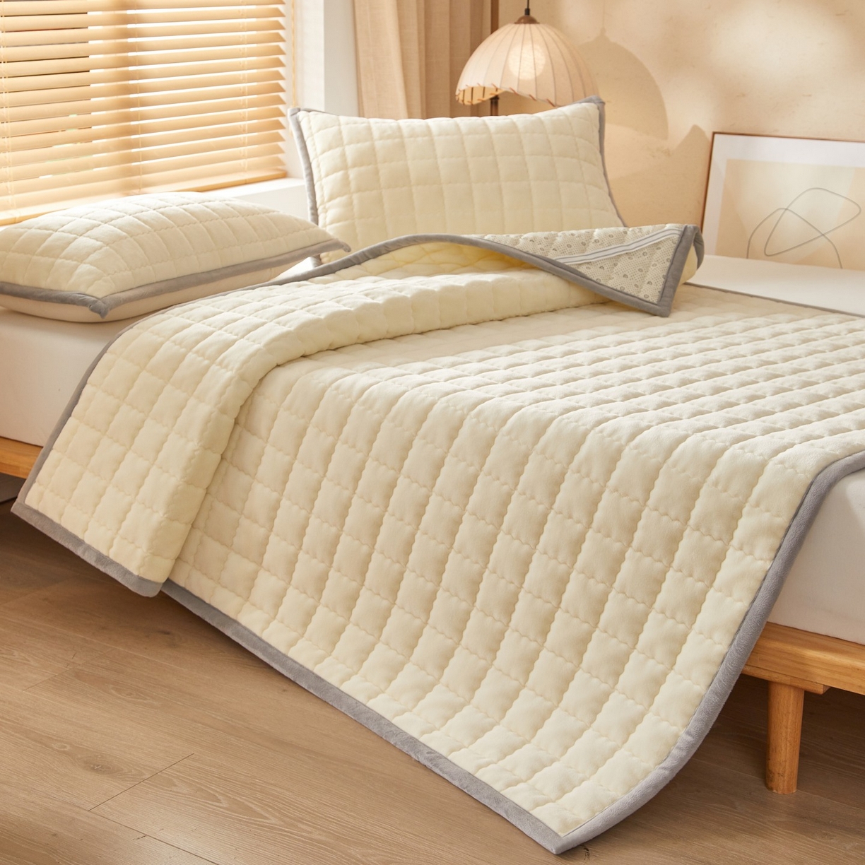 91家纺网 家纺一手货源 找家纺 芊梵床垫 2025新款牛奶绒褥子系列-无烫画版 奶油白