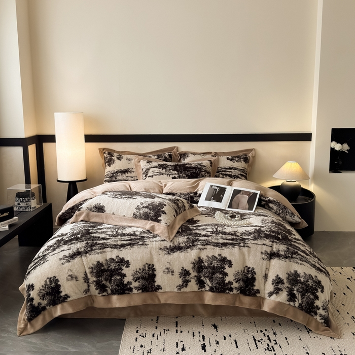 91家纺网 家纺一手货源 找家纺 九花鹿 2024新款A类宽边工艺款丹麦兔毛绒牛奶绒四件套 宽边丹麦兔绒-亦境