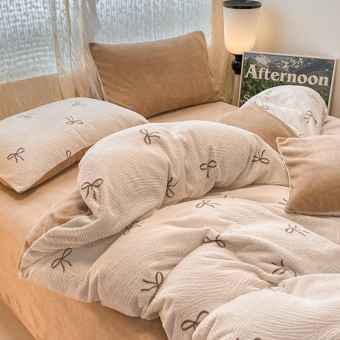 91家纺网 家纺一手货源 找家纺 小叮当家纺仓储工厂店 2025新款高克重230克雕花牛奶绒四件套 梦幻芭蕾-奶白