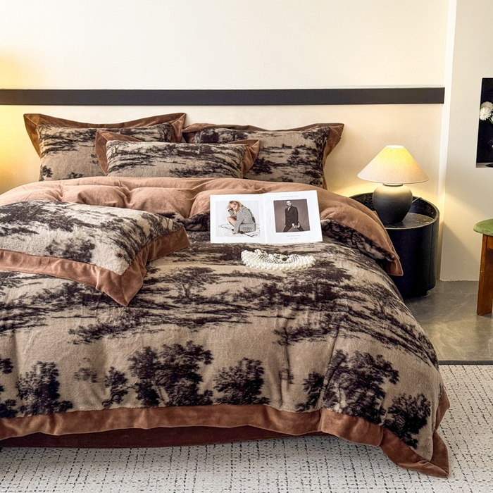 91家纺网 家纺一手货源 找家纺 九花鹿 2024新款A类宽边工艺款丹麦兔毛绒牛奶绒四件套 宽边丹麦兔绒-亦境(咖）