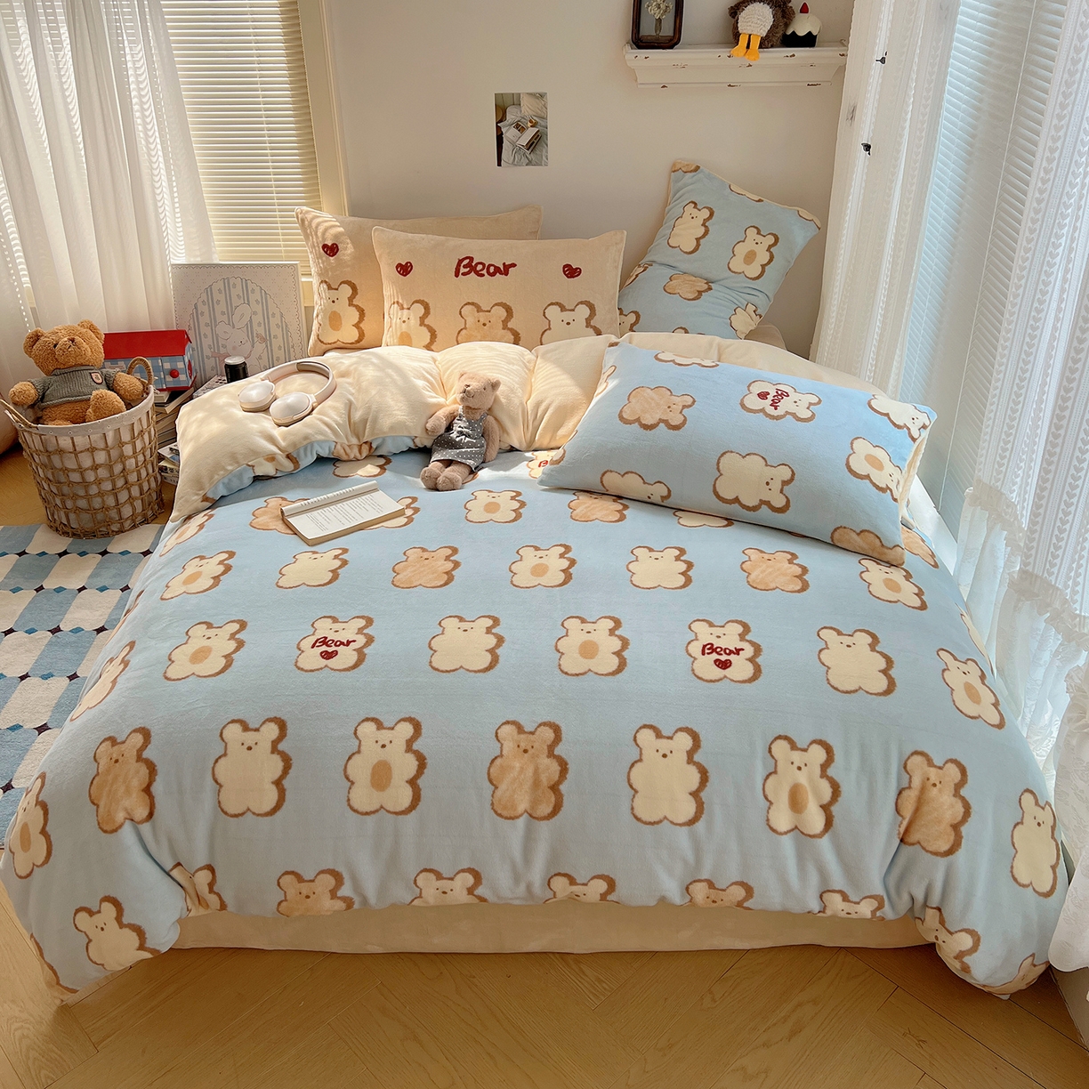 桃子家居 2025新款A类ins数码印花枕混搭小清新少女卡通猫咪加厚牛奶系列四件套 绒-混搭饼干奶油熊