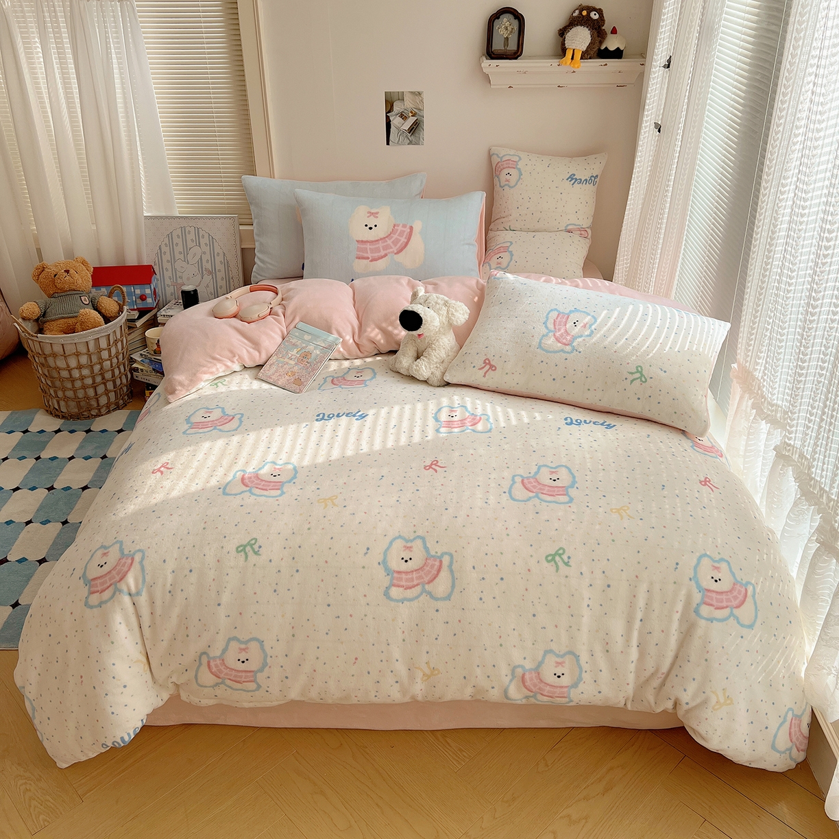 桃子家居 2025新款A类ins数码印花枕混搭小清新少女卡通猫咪加厚牛奶系列四件套 绒-混搭蝴蝶结小狗
