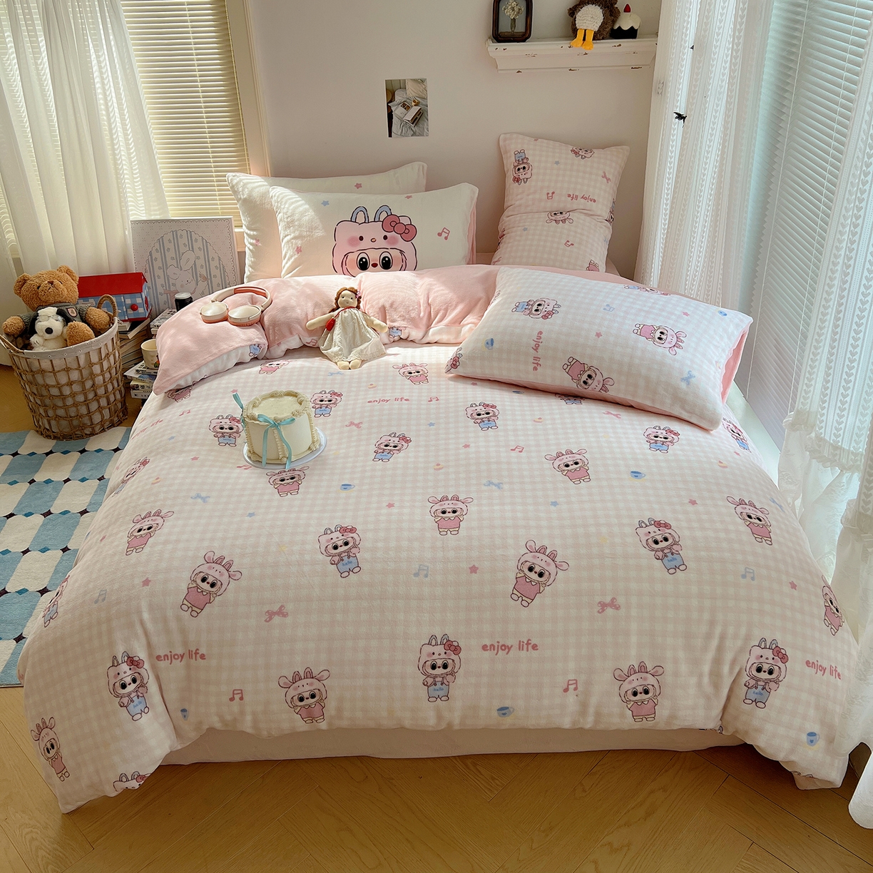 桃子家居 2025新款A类ins数码印花枕混搭小清新少女卡通猫咪加厚牛奶系列四件套 绒-混搭美好时光